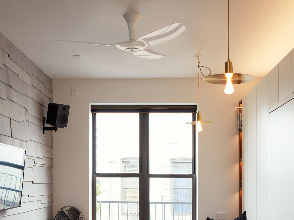 Haiku ceiling fan with SenseME technology at Graham Hill's apartment