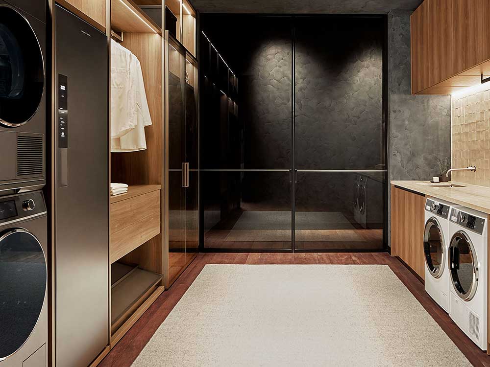 The wardrobe system has a Fabric Care cabinet, Steam Care washer and dryer, and dispensing drawer