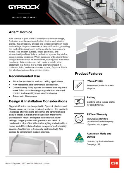 Aria Cornices Product Data Sheet