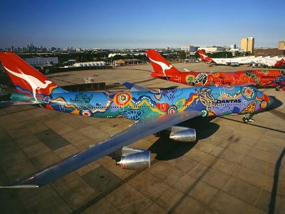 Wunala Dreaming (back) and Nalanji Dreaming (front) - artwork on two Qantas aircrafts (Image: Balarinji)
