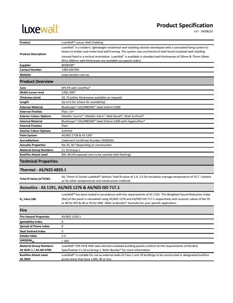 LuxeWall Spec Sheet