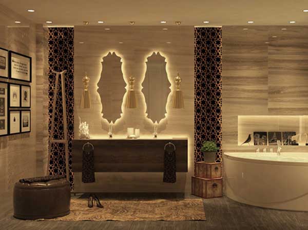 gold and beige yellow bathroom with LED lights master design luxury