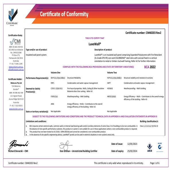 LuxeWall R02 Certificate of Conformity