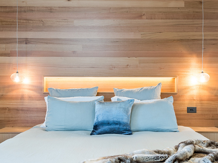 Residential Bedroom Timber Cladding Back Wall Integrated Shelving Lighting