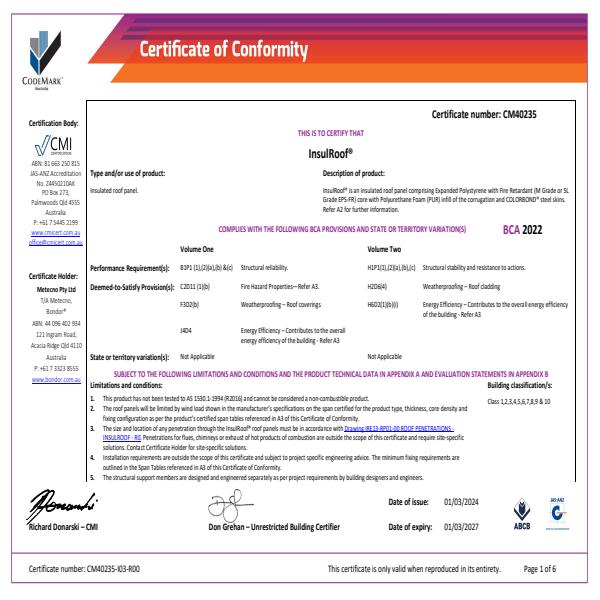 InsulRoof CodeMark Certificate