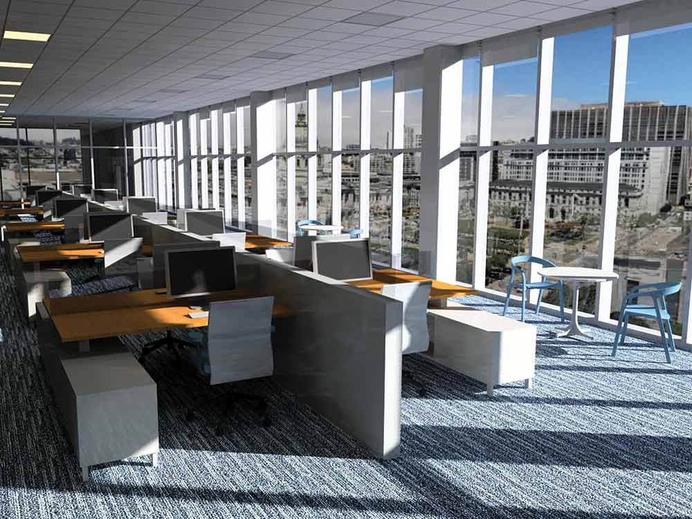 Rendered office interior with daylight redirecting film direct light