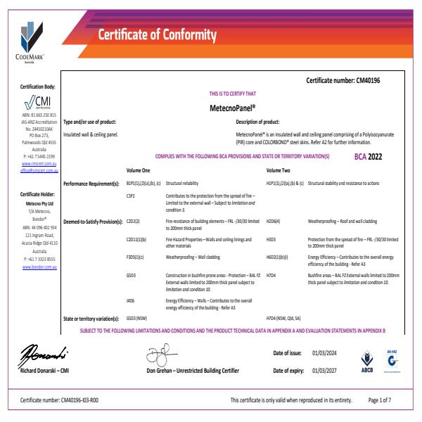 MetecnoPanel CodeMark Certificate