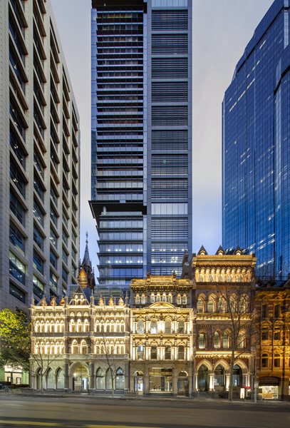 The workplace incorporates a 30-metre-high lobby with a unique art installation and a range of on-site services, from a wellness centre and luxurious hotel-style end-of-trip facilities to a childcare centre and an underground bar. It was the first building in Australia to achieve a Platinum Core and Shell Pre-Certification from the International WELL Building Institute, which recognises excellence in delivering healthy buildings and improving tenant wellbeing in a sustainable work environment. Olderfleet also targets a 6 Star Green Star rating, 5 NABERS Energy rating, and 4 Star NABERS Water rating.