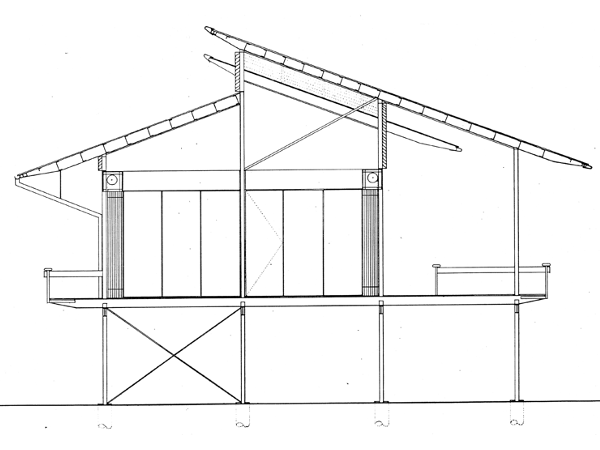 The first was the need for a ‘skeleton’ to the building: interconnected pieces of steel joined together continuously to carry the loads down into the ground. Described as a ‘woven basket’ seen in this axonometric. Carried on columns to lift it into the breezes like the traditional Queenslander.