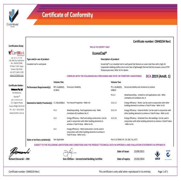 Certificate Of Conformity EconoClad RO1