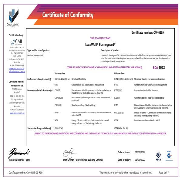 LuxeWall FlameGuard CodeMark Certificate