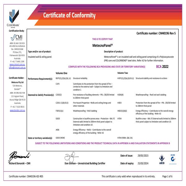 Certificate of Conformity MetecnoPanel R05