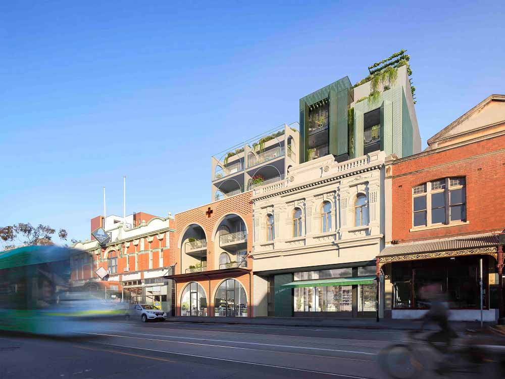 The heritage facade of Two Eleven Sydney Road