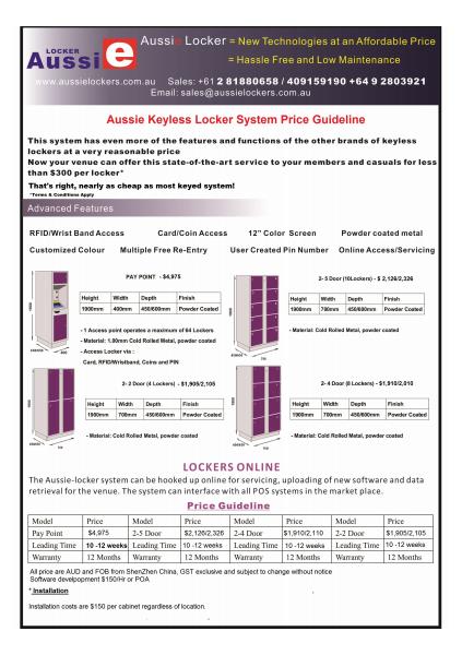 Aussie Keyless Locker System Price Guideline