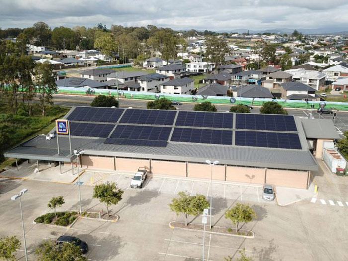 Aerial view of Aldi store with solar panels