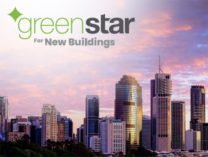 Green star for new buildings with city skyline