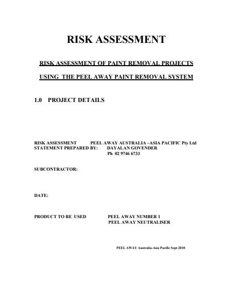 Peel Away Risk Assessment Document
