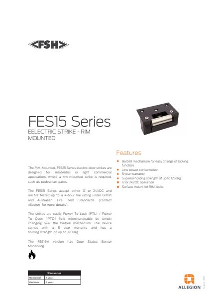 FSH FES15 Series Electric Strikes Product Catalogue 