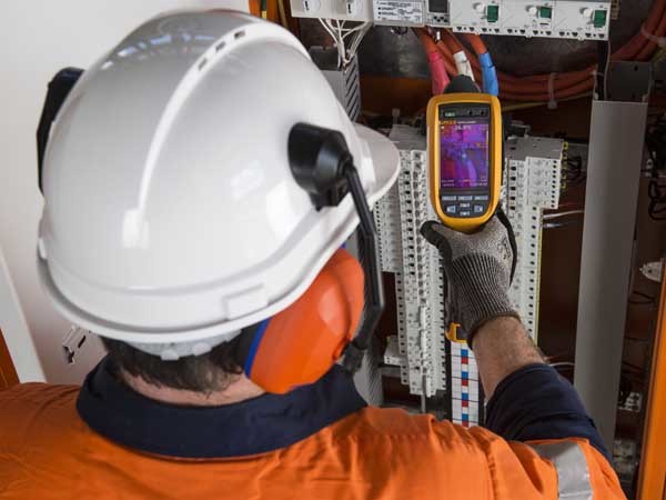Fluke TiR125 thermal imaging camera detects heat on surfaces via infrared and displays the results on the screen in a thermal pattern