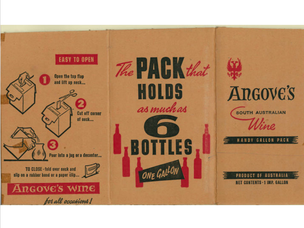 He patented his idea for an “improved container and pack for liquids” and became the first to market wine in a box. Early versions were clumsy, requiring a corner to be pulled out, cut off, to enable wine to be poured, and then sealed with a rubber band or paperclip as seen in this illustration of the unfolded box: