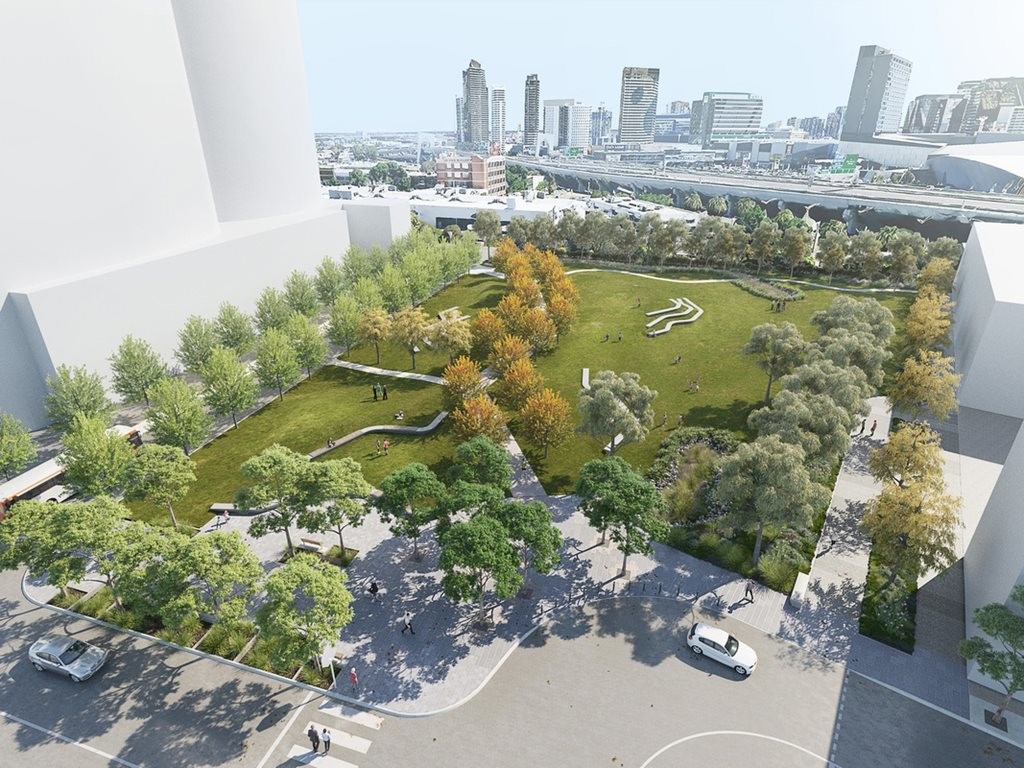 An artist&#39;s impression of the 8,000-square-metre park for the Fishermans Bend precinct.&nbsp;Image: Hayball and Tract Consultants&nbsp;
