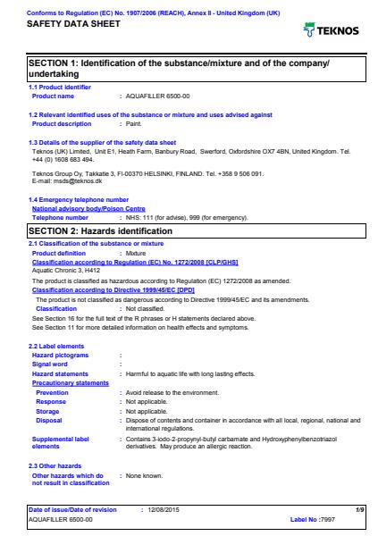 AquaFiller 6500 technical data sheet