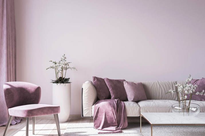 lilac living room with dark purple and cream accents
