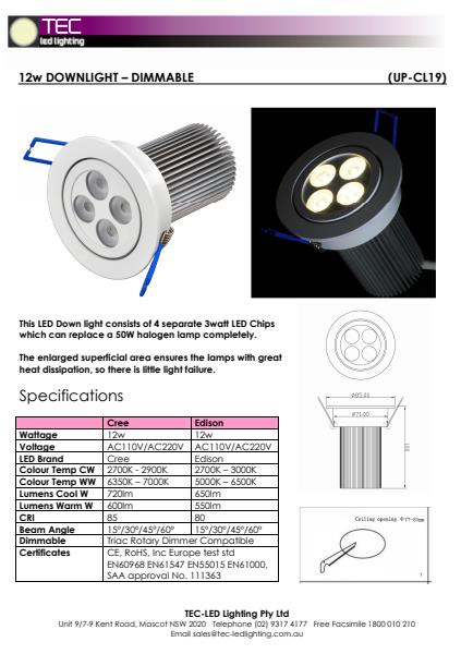 12w Downlight Dimmable 