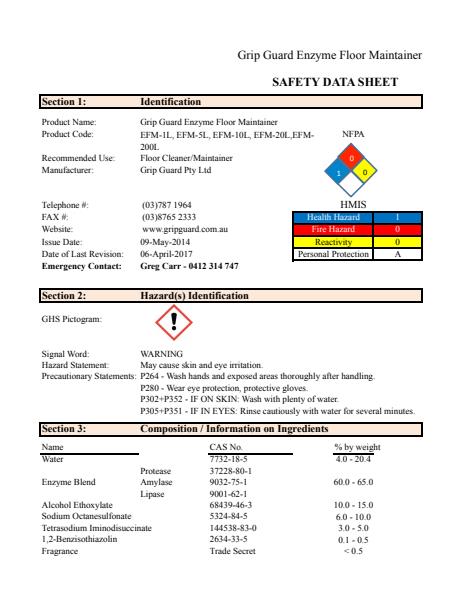 Enzyme Floor Maintainer Safety Data Sheet