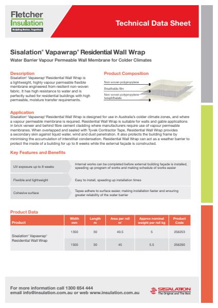 Sisalation Vapawrap Residential Wall Wrap Specification