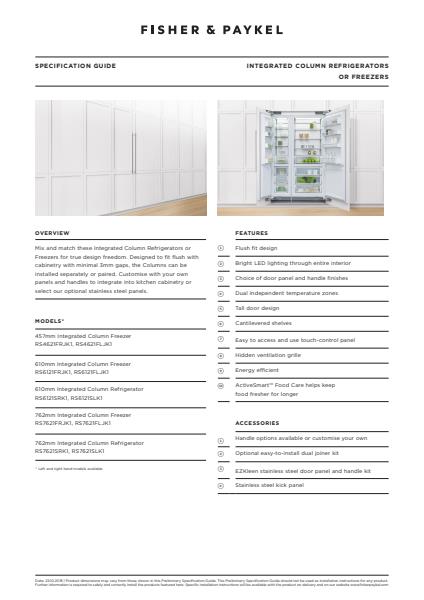 Fisher Paykel Integrated Column Freezer Spec Guide