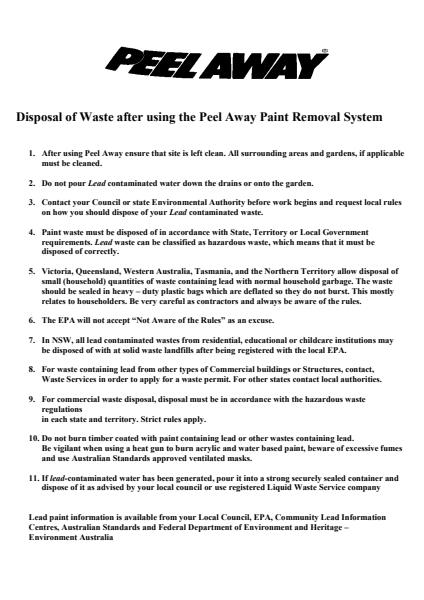 Peel Away Disposal Data Sheet