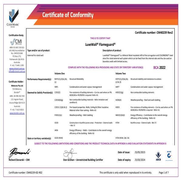 LuxeWall FlameGuard R02 Certificate of Conformity 