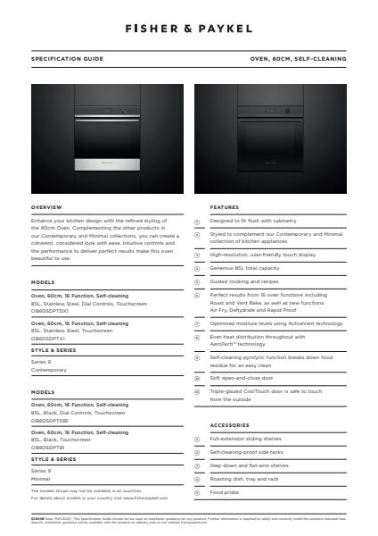 Fisher Paykel Oven 60cm 16 Function Self-Cleaning Spec Guide