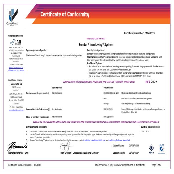 InsulLiving System CodeMark Certificate