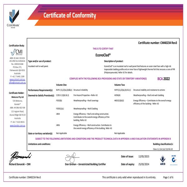 Certificate Of Conformity EconoClad RO3