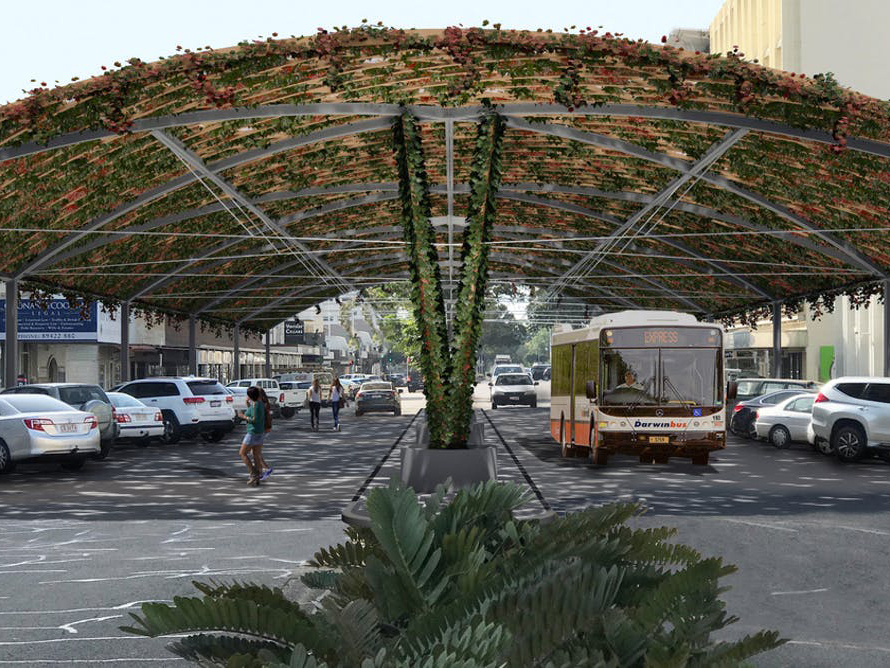 A vine shade structure being installed in Cavenagh Street will help cool the hottest street in Darwin city centre. Author provided
