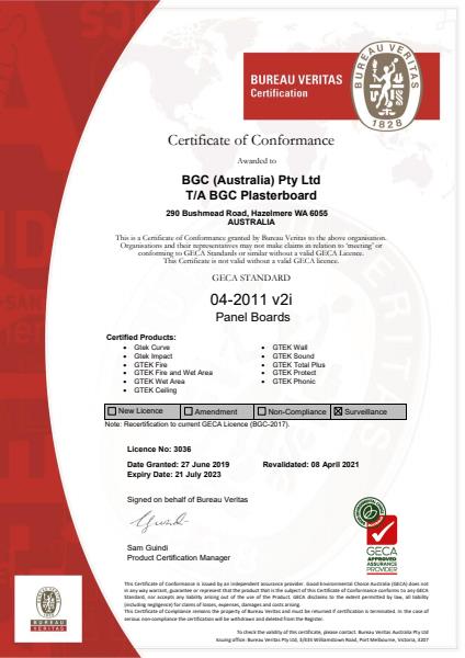 GTEK Plasterboard GECA Certificate 2021