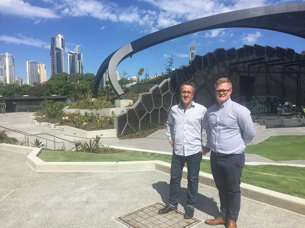 TCL MD Perry Lethlean and AILA CEO Tim Arnold at the Gold Coast Arts Centre, designed by ARM Architecture and Topotek1. Image: Supplied
