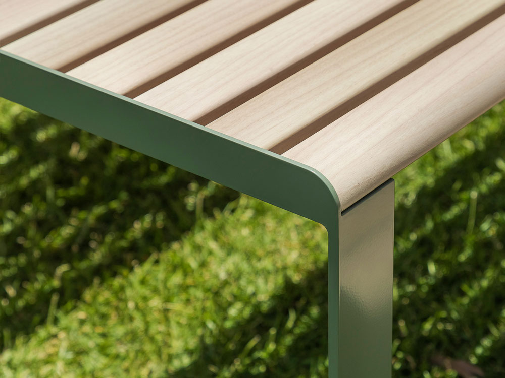 Linea Table with aluminium woodgrain Curly Birch battens and Eucalypt Green frame