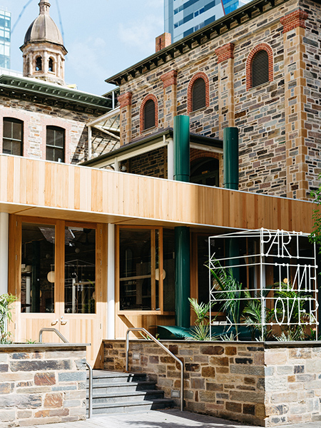 The concept for Part Time Lover was simple - a bustling all-day-diner, full of light, greenery, a nice breeze and a bit of a buzz. Hidden in a laneway with beautiful old buildings all around, it is a modernismo-timber-pavilion sitting proudly upon a little green outcrop.