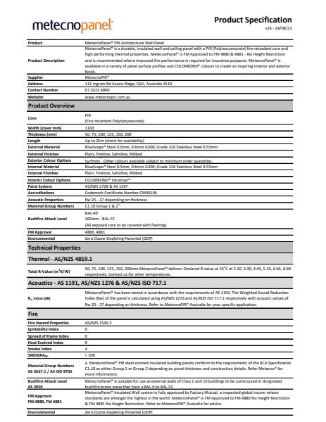 MetecnoPanel Spec Sheet