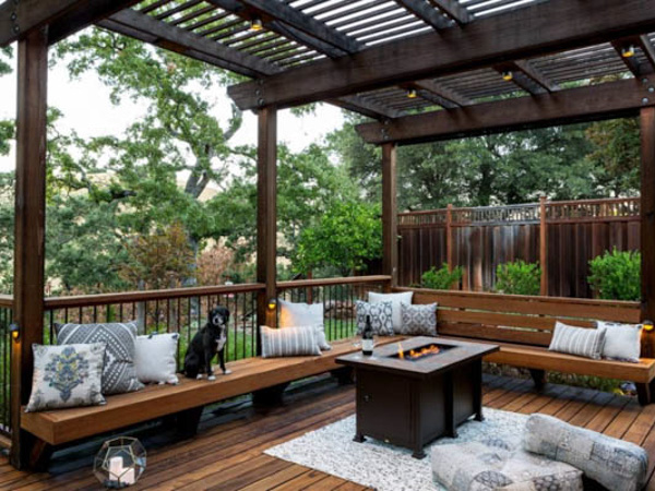 Outdoor deck timber enclosed with garden