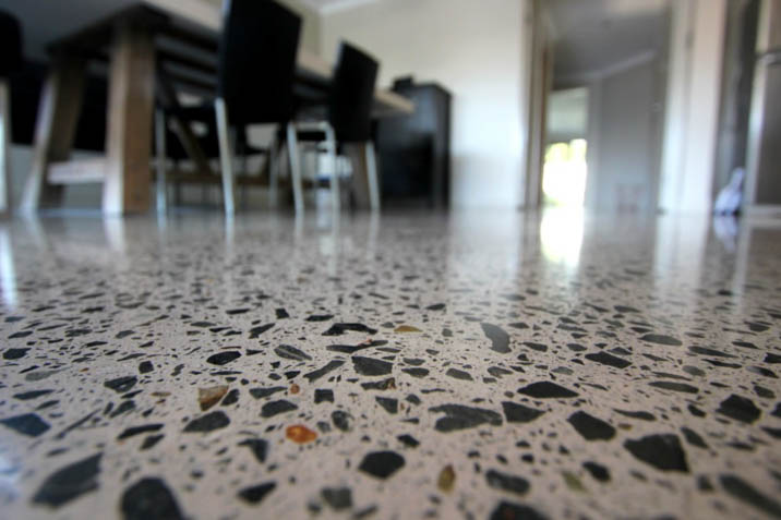 Polished concrete indoor exposed aggregate kitchen