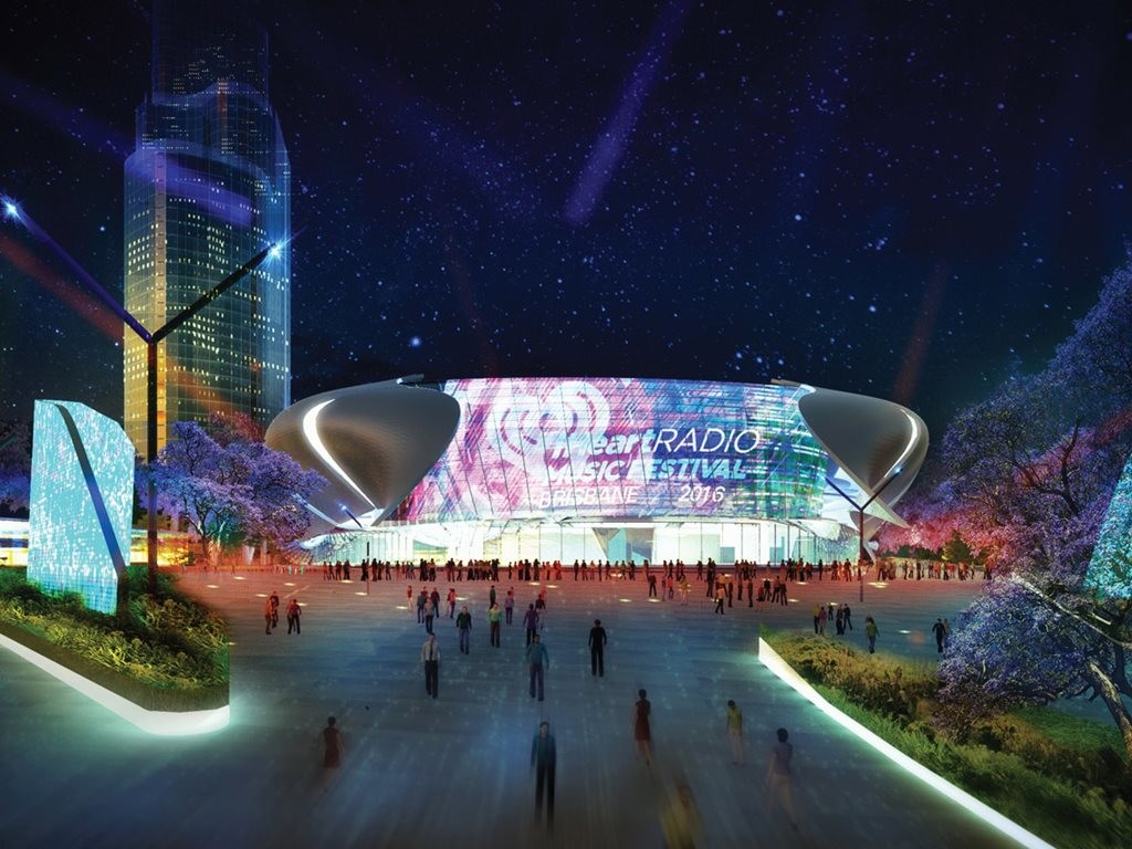 NRA Collectives proposed design for the Brisbane Live entertainment precinct includes a 17,000-seat stadium, three commercial towers, residential developments and new parklands. Image: Brisbanedevelopment.com
